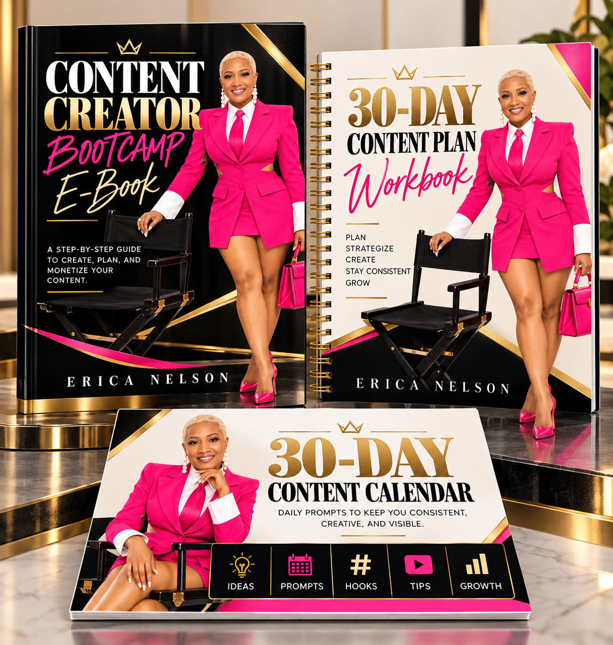 Content Creator Bootcamp E-Book, 30-Day Content Plan Workbook, and 30-Day Content Calendar bundle featuring Erica Nelson