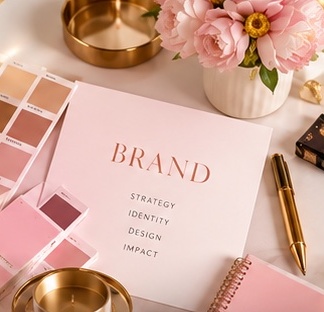 Brand strategy card with pink color swatches and gold accents