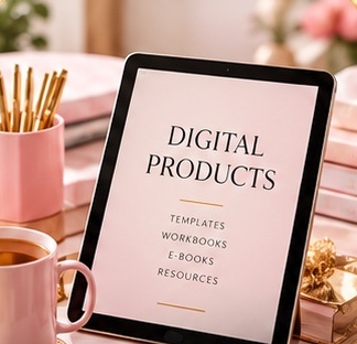 Tablet showing Digital Products: templates, workbooks, e-books, resources
