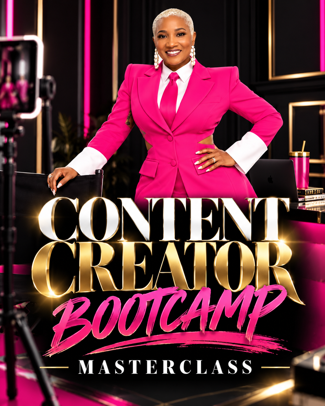 Content Creator Bootcamp Masterclass title card with Erica Nelson in a hot pink suit