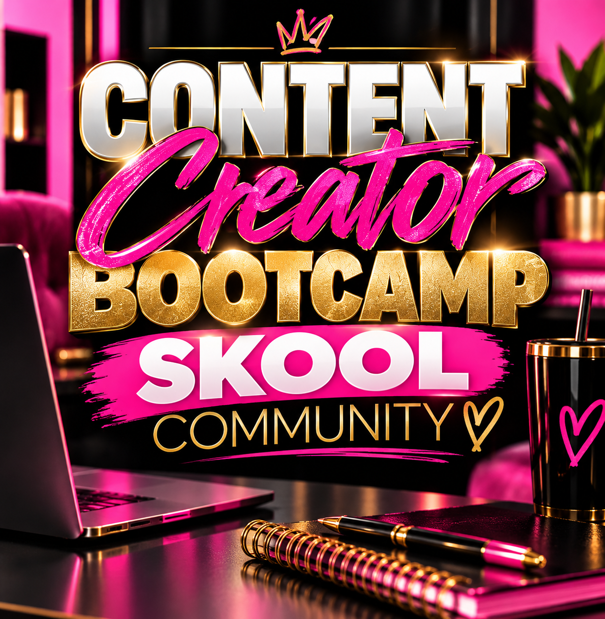 Content Creator Bootcamp Skool Community graphic with laptop, notebook, and gold-trimmed tumbler in black, hot pink, and gold