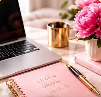 Pink Learn Grow Succeed notebook beside a laptop and pink peonies